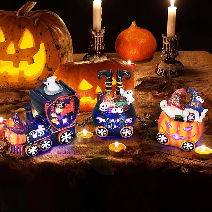 Hexagram Halloween Table Decorations Indoor, Lighted Halloween Witch Train Decor for Tabletop Figurines, Halloween Centerpieces Decorations for Home, Light Up Gnomes Decorations