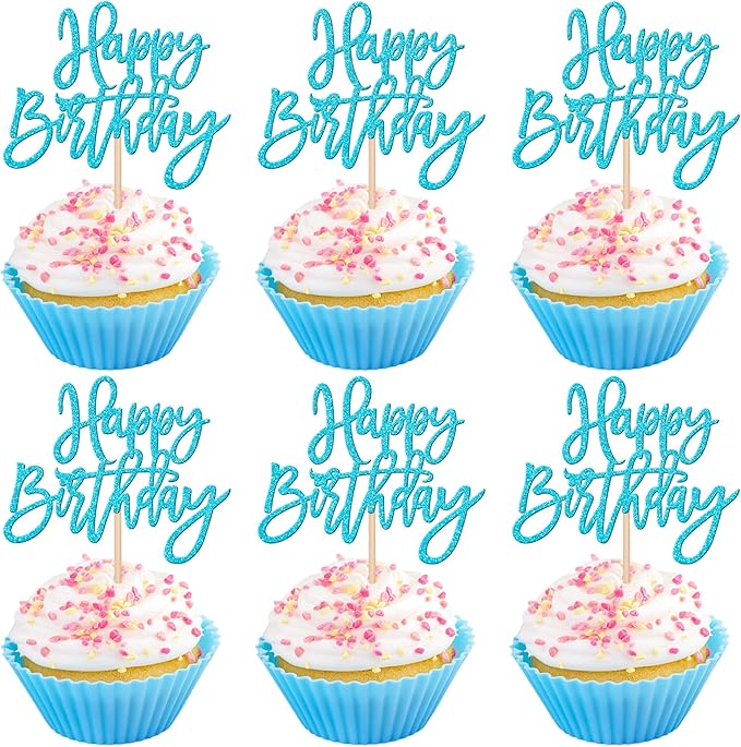 24 PCS Happy Birthday Cupcake Toppers Glitter Picks for Celebrating Anniversary Theme Party Cake Decorations Supplies - Lake Blue