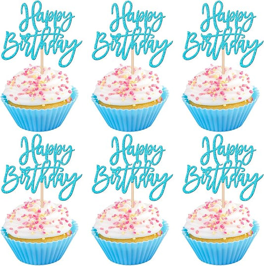 24 PCS Happy Birthday Cupcake Toppers Glitter Picks for Celebrating Anniversary Theme Party Cake Decorations Supplies - Lake Blue