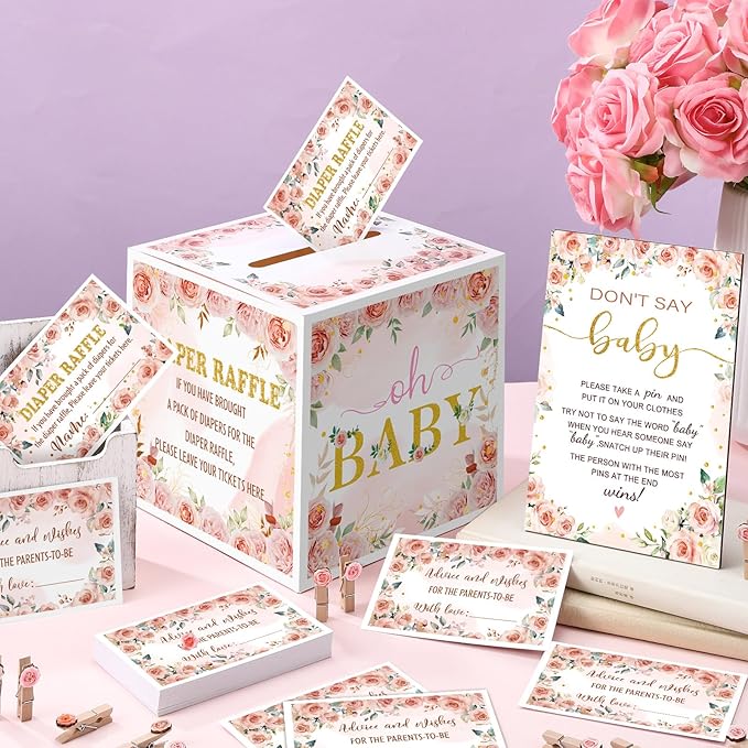 102 Pcs Floral Baby Shower Game Supplies Diaper Raffle Tickets with Diaper Raffle Card Box Don't Say Baby Sign Mini Floral Clothespin Game Decor for Gender Reveal Favor