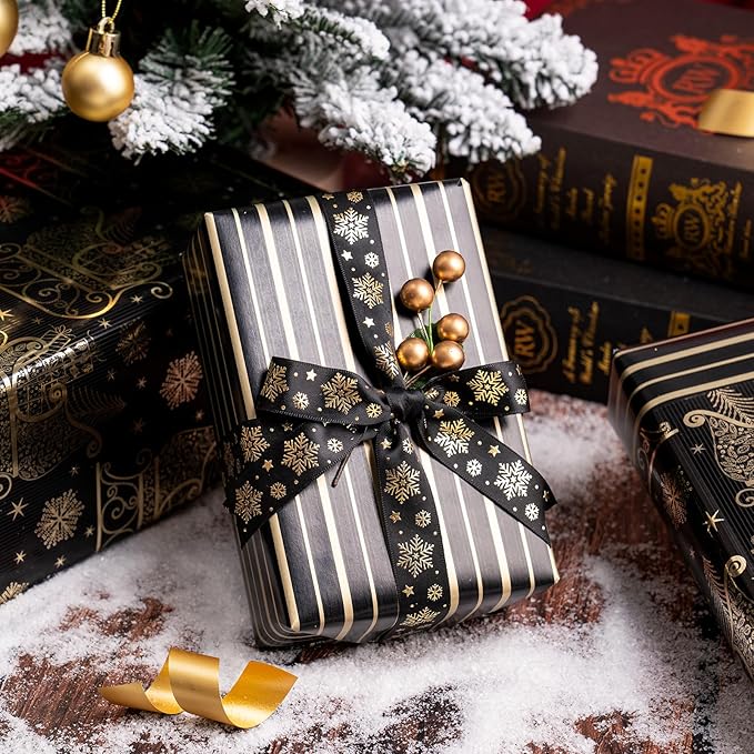 WRAPAHOLIC 30 Inch Jumbo Reversible Black and Gold Christmas Wrapping Paper - 30 Inch x 33 Feet - Black Gold Sleigh and Stripe Wrapping Paper with Metallic Foil for Christmas, Holiday, Party