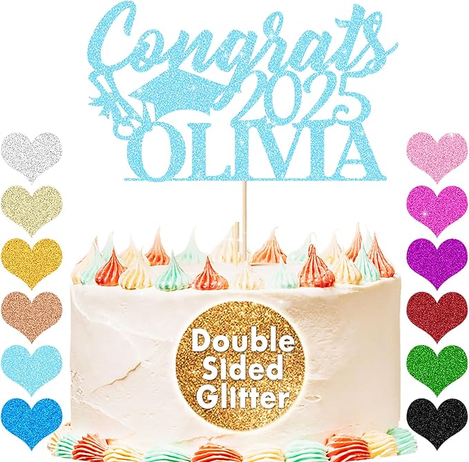 Personalized Cake Topper Custom Congrats Graduation Hat Student Class of 2025 Double Sided Glitter Card with Any Name (Baby Blue)