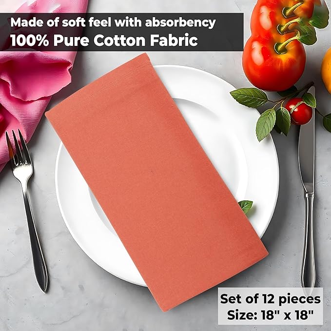 Urban Villa Cotton DinnerNapkins Set of 12, Highly Absorbent 18x18 Inches Soft Premium Cloth Napkins, Hotel Quality Napkins, Reusable & Washable Table DinnerNapkins - (Orange Pumpkins, Solid)