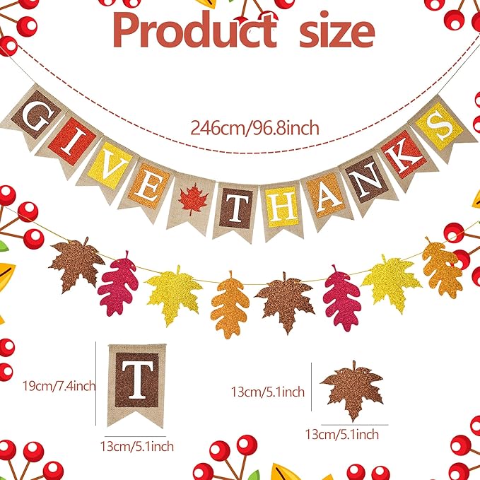 Give Thanks Burlap Banner Thanksgiving Decorations Maple Leaves Glitter Banner for Thanksgiving Party Fall Harvest Supplies Fireplace Mantle Decor
