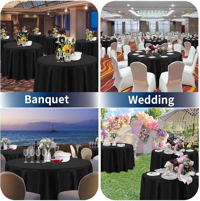 PureFit 10 Pack Round Black Table Cloths 120 Inch for Round Tables, Stain and Wrinkle Resistant Table Linens for Home Use, Wedding, Party, Banquet and Camping