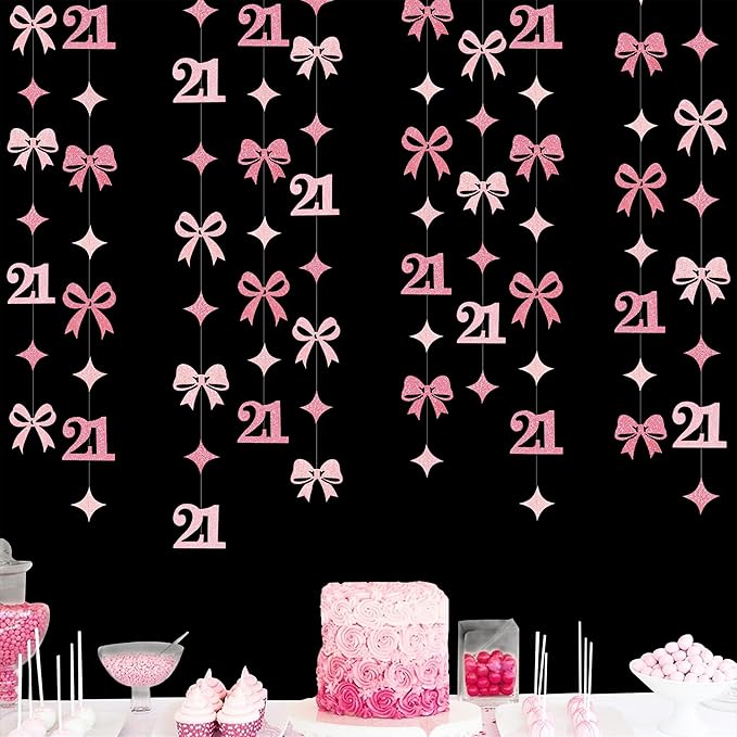 Glitter Pink 21st Bow Birthday Decorations Hot Pink Conquette Bow Garland Streamer Banner Backdrop for Girls Happy 21st Birthday Finally Legal Cheers to 21 Years Old Anniversary Party Supplies