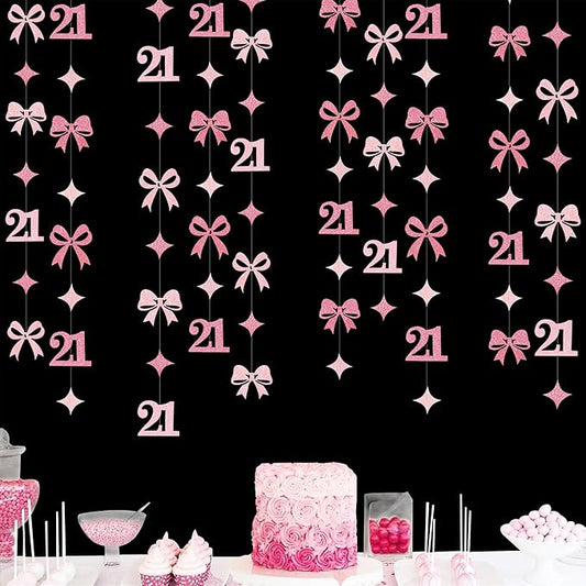 Glitter Pink 21st Bow Birthday Decorations Hot Pink Conquette Bow Garland Streamer Banner Backdrop for Girls Happy 21st Birthday Finally Legal Cheers to 21 Years Old Anniversary Party Supplies