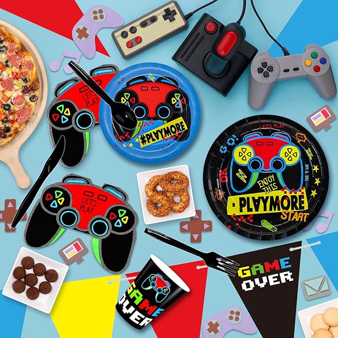 DYLIVeS Video Game Birthday Party Decorations, 180 pcs Gaming Party Supplies for Boys Child Game Party Tableware Set - Include Banner, Gamer 9" and 7" Paper Plates, Cups, Napkins, Cutlery, Serves 24
