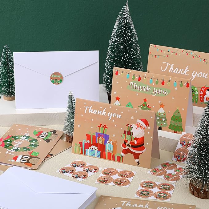 24Set Christmas Thank You Card with Envelopes and Stickers Xmas Greeting Cards Gift Box Santa Christmas Tree Thank You Christmas Cards with Envelope Holiday Thank You Card for Xmas Holiday (Cute)