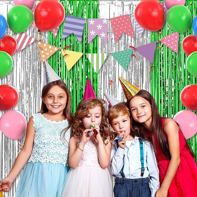 6 Pack Silver Green Foil Fringe Curtains Backdrop, 3.28 x 8.2 Ft Metallic Streamers Tinsel Curtains Background for Photo Booth, Birthday, Christmas, Halloween, Thanksgiving, New Year Party Decorations
