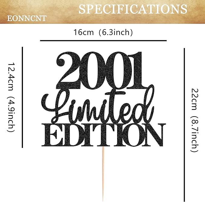 Limited EDITION 2001 Cake Topper - Black Glitter Happy 24th Birthday Party Cake Decoration Supplies, Cheer to 24 Years Cake Bunting Decor for 24th Birthday Party Photo Booth Props