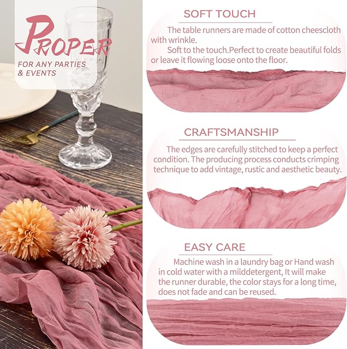 3 Packs Dusty Rose Cheesecloth Table Runner, 10Ft x 35" Rustic Gauze Boho Wedding Table Runner Decoration, Wedding Table Decor Table Cloth for Wedding Party Bridal Shower Table