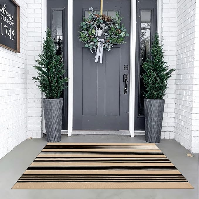 KIMODE Striped Outdoor Rug 3'x 5',Washable Reversible Fall Outdoor Patio Rugs,Cotton Hand Woven Farmhouse Welcome Layered Door Mats for Front Door Entryway Porch Halloween Decor Black and Khaki