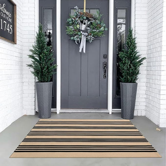 KIMODE Striped Outdoor Rug 3'x 5',Washable Reversible Fall Outdoor Patio Rugs,Cotton Hand Woven Farmhouse Welcome Layered Door Mats for Front Door Entryway Porch Halloween Decor Black and Khaki