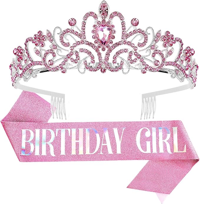 VELSCRUN Birthday Tiara & Crown Set - Princess Sash, Happy Birthday Girl Tiara, Party Decorations & Gifts