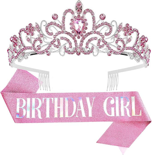 VELSCRUN Birthday Tiara & Crown Set - Princess Sash, Happy Birthday Girl Tiara, Party Decorations & Gifts