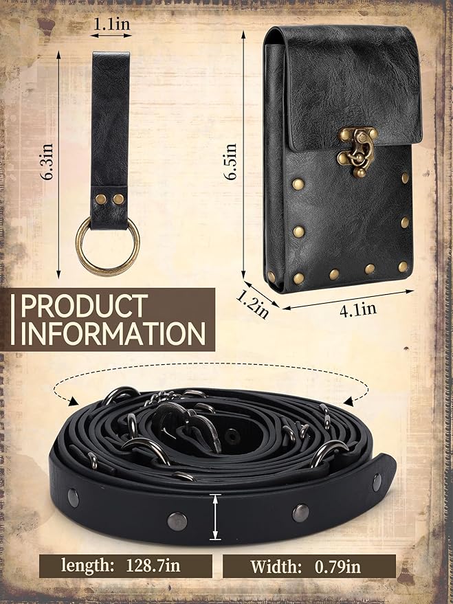 Ultrafun 3pcs Renaissance Belt Accessories Faux Leather Medieval Viking Chain Belt Bag Skirt Hike Ren Faire Costume