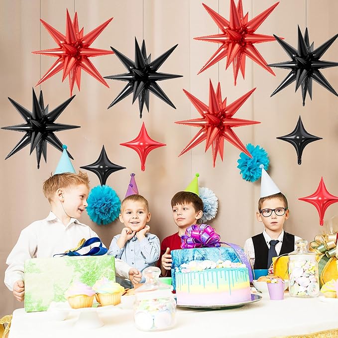 18 Pcs Black Red Star Balloons, Red and Black Balloon with 6 Pcs 22-Inch Explosion Star Balloons 12Pcs 10-Inch Four Pointed Stars Foil Balloon for Anniversary Disco Birthday Party Decorations