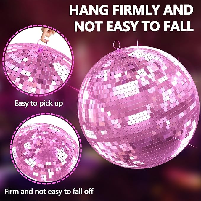 12 inch Pink Disco Ball, Hanging Mirror Ball, Wedding Decoration Disco Light Ball, Stage Lighting Effect，12/16/20 inch Home,Stage and Bar Glittering Decoration (12inch-Pink)