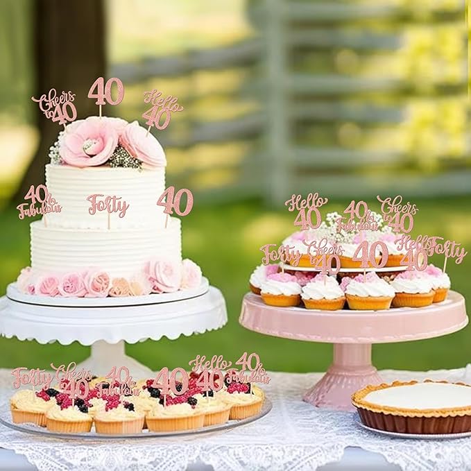 30PCS Happy 40th Birthday Cupcake Toppers Glitter Hello 40 Fabulous Forty Cheers to 40 Years Old Birthday Cupcake Picks for Happy 40th Birthday Anniversary Party Cake Decorations Supplies Rose Gold