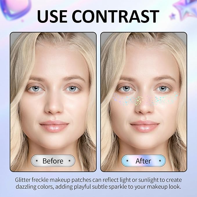 24PCS Holographic Glitter Freckles, Holographic Multichrome Fake Freckles Face Tattoo Long Lasting Glitter Makeup Patches for Halloween Christmas Party