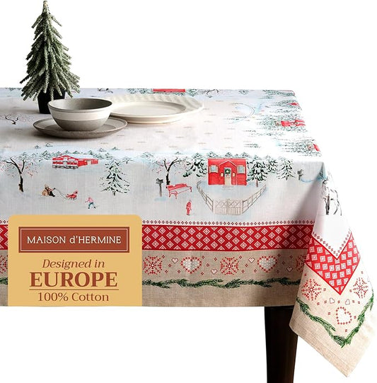 Maison d' Hermine Table Cloth Rectangle Table 100% Cotton 70 x 120 Inches Fall Tablecloth Reusable Everyday Use for Thanksgiving Christmas Decorations Dining Farmhouse Party (Rural Christmas)