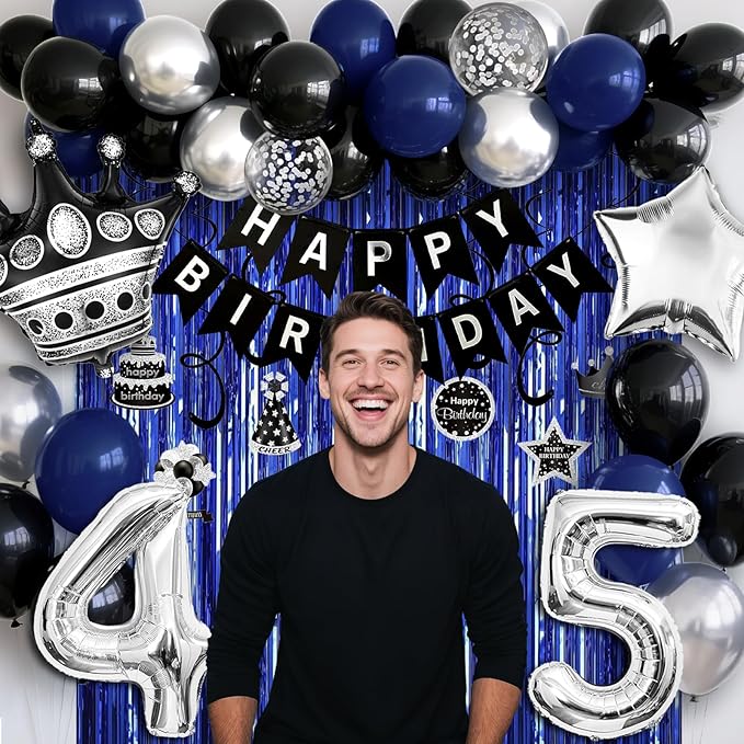 45th Birthday Decorations for Men and Women, Black Blue Silver Happy Birthday Number 45 Balloons, Banner, Fringe Curtains Garland Kit - 45 Year Old Party Supplies