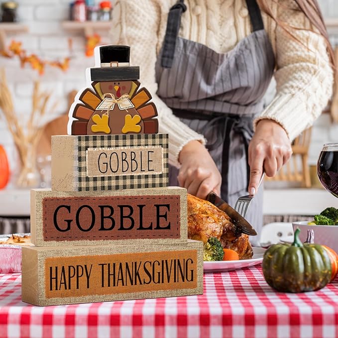 4 Pcs Thanksgiving Table Decorations Wooden Turkey Decor Thanksgiving Tiered Tray Decor Fall Centerpiece Rustic Wood Turkey Block Sign for Gobble Harvest Party Home Kitchen Decorations