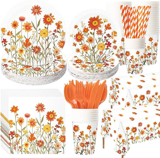 452 Pcs Fall Floral Party Supplies Orange Wildflower Tableware Set, Fall Floral Paper Plates Napkins Cups Tablecloth Cutlery Straw for Thanksgiving Autumn Harvest Wedding Birthday Decoration
