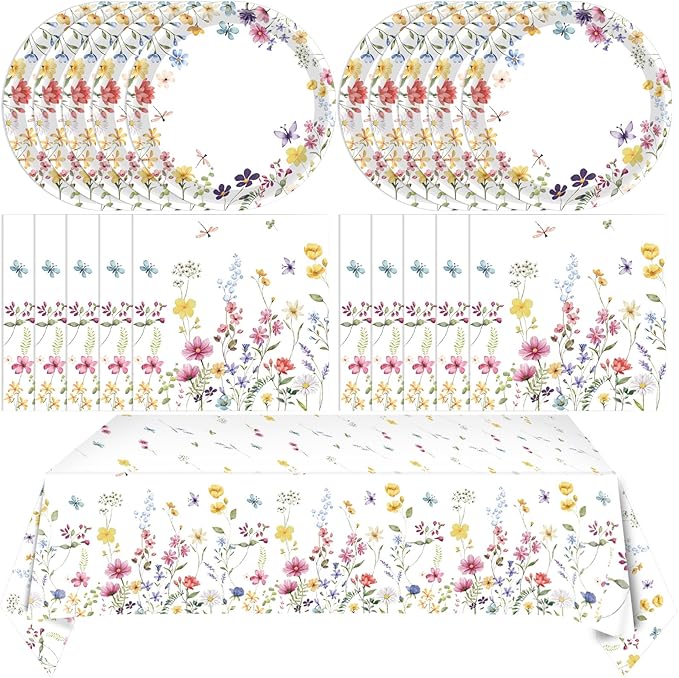 41Pcs Wildflower Party Decorations Spring Floral Birthday Tableware Wildflower Floral Paper Plates Napkins Tablecloth丨Spring Summer Picnic Birthday Wedding Mothers Day Tea Party Decorations,Serve 20