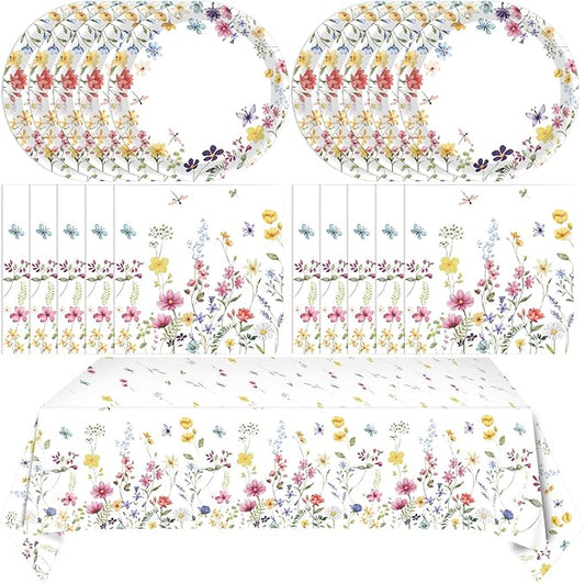 41Pcs Wildflower Party Decorations Spring Floral Birthday Tableware Wildflower Floral Paper Plates Napkins Tablecloth丨Spring Summer Picnic Birthday Wedding Mothers Day Tea Party Decorations,Serve 20