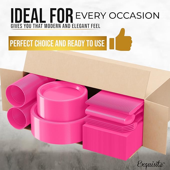 Party Solids 350 Pieces Cerise Plastic Plates For Party, Cerise Disposable Plates Set, 50 Of Each 9" Dinner Plate Set, 7" Dessert Plate, Cups, Napkins & Cutlery Plastic Dinnerware