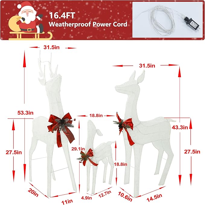 BlueWish Christmas Decorations Outdoor, 3-Piece Sliver Reindeer Christmas Decoration with 200 LED Lights, Pre-lit Outdoor Christmas Decor for Garden, Yard, Porch