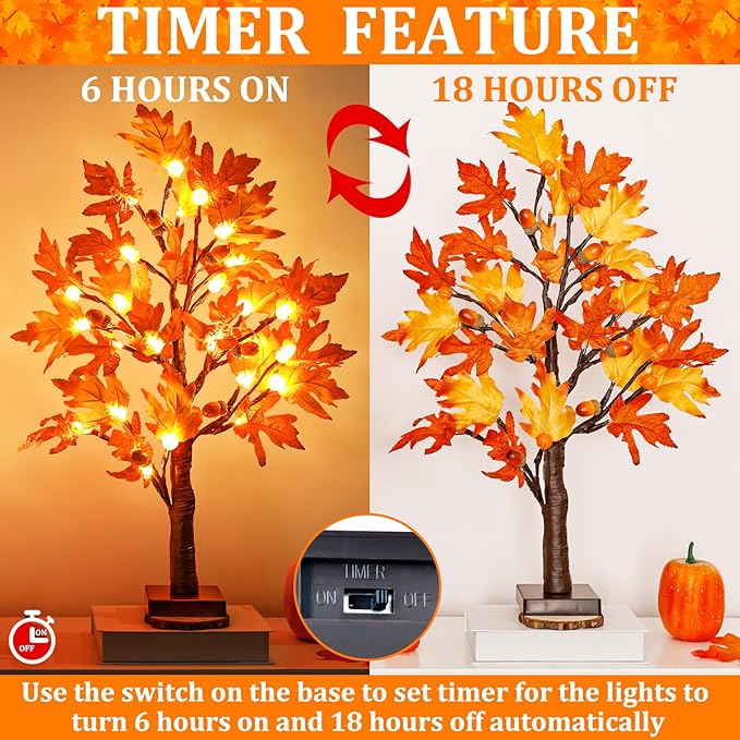 [2 Pack & Timer] 24 Inch Lighted Fall Maple Tree for Fall Decorations with 48 LED Timer Battery Operated Artificial Fall Light up Trees for Home Indoor Outdoor Autumn Harvest Thanksgiving Table Decor