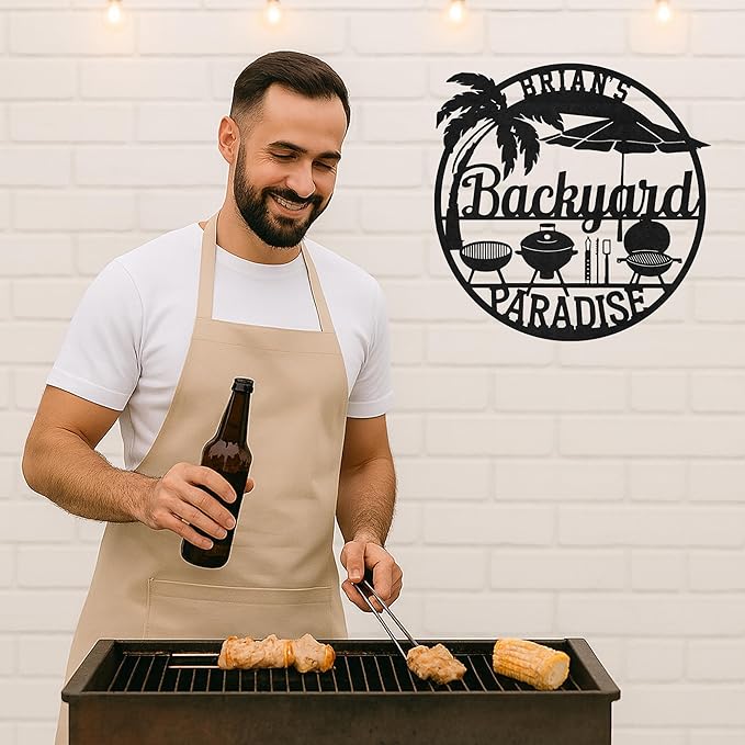 Custom BBQ Metal Sign Personalized Grill Name Wall Art for Outdoor Kitchen Patio Backyard Decor Fathers Gift for Dad Grandpa Husband Barbecue Smoker Area Sign, Grilling Lover Gifts 19