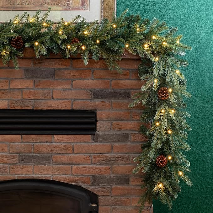 Glitzhome 9ft Pre-Lit Christmas Garland, Greenery Garland with Pine Cones Warm White LED Lights and Timer Pine Garland for Mantle Fireplace Stairs Front Door Window Christmas Party Decorations