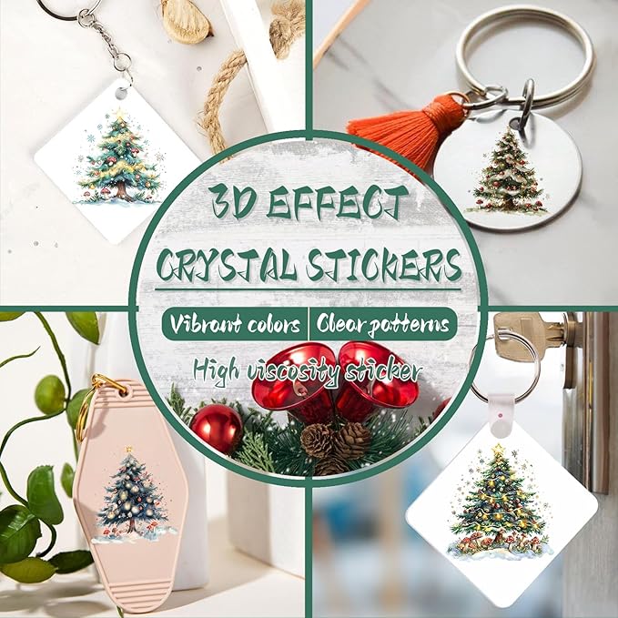 UV DTF Keychain Sticker,48 Sheets Star Christmas Tree Bright Holiday Scene Transfer Stickers Suitable for Hotel Keychains