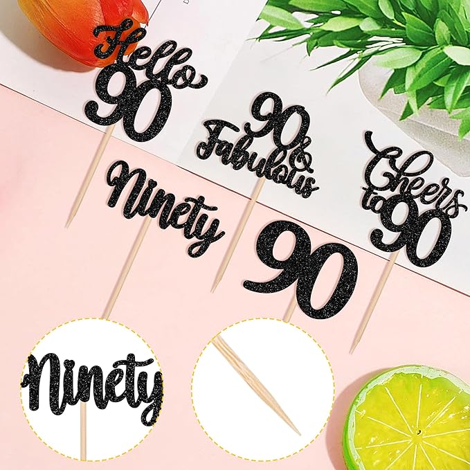 30PCS Happy 90th Birthday Cupcake Toppers Glitter Ninety Cheers to 90 Years Old Birthday Cupcake Picks Hello 90 Fabulous Cake Decorations for Happy 90th Birthday Anniversary Party Supplies Black