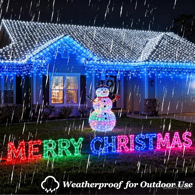 810 LED Christmas Lights Outdoor Indoor, 82ft Blue String Lights with 180 Drops, 12 Modes Dimmable Curtain Lights with Timer, Waterproof Twinkle Fairy Lights for Bedroom Window Eaves Xmas Decor