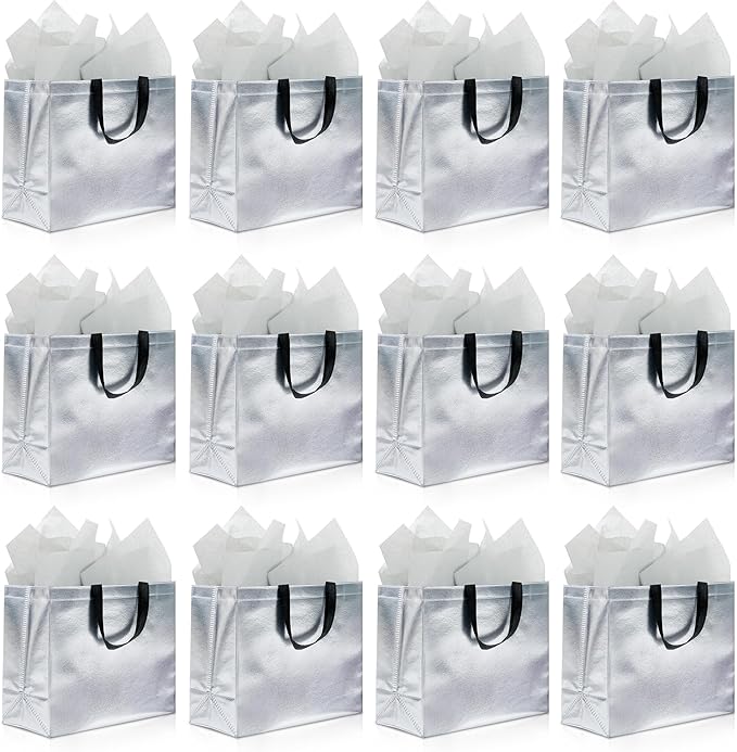 KeerxunBag 12Pcs Reusable Gift Bags（Includes Tissue Paper） Gift bag with handle Birthdays Parties Holidays Weddings Medium 13x5x11in Silver Gift Bags