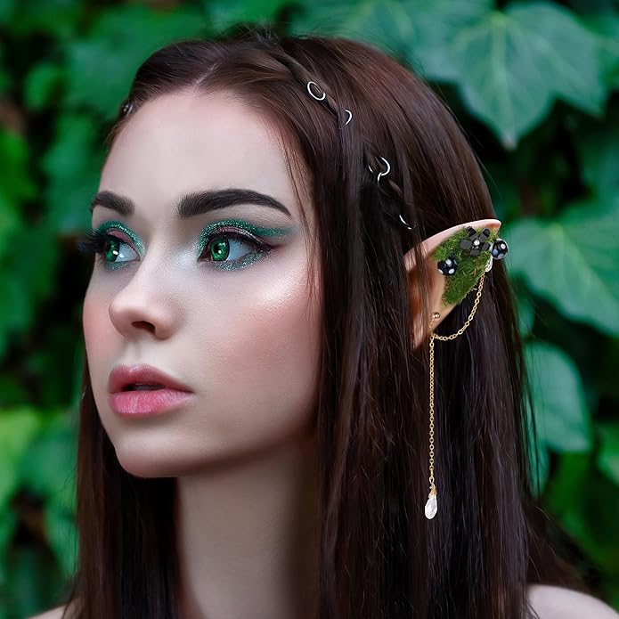 FRESHME Forest Mushroom Elf Ears, Soft Fairy Ears with Mushroom Moss and Flower Elven Ear Cuffs Halloween Renaissance Cosplay