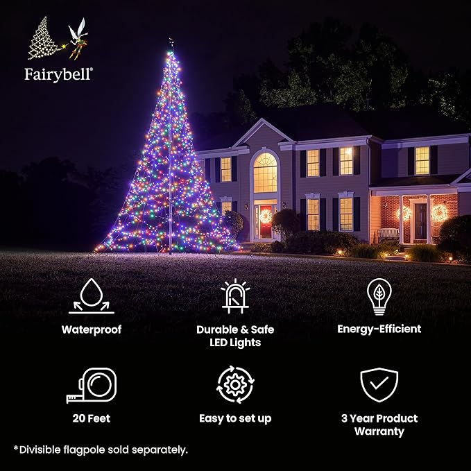 Fairybell - Flagpole LED Christmas Tree - Outdoor Christmas Decorations - Multicolor - 1,200 LED Tree - 20ft - Suitable for Existing Flagpoles