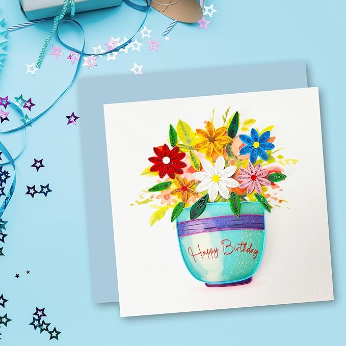 Quilled Birthday Card - Happy Birthday Quilled Daisies Greeting Cards for Women - Blank Inside Quilling Cards for Woman- 6x6 Handmade 3D Paper Art Design with Luxury Blue Envelope (Daisy)
