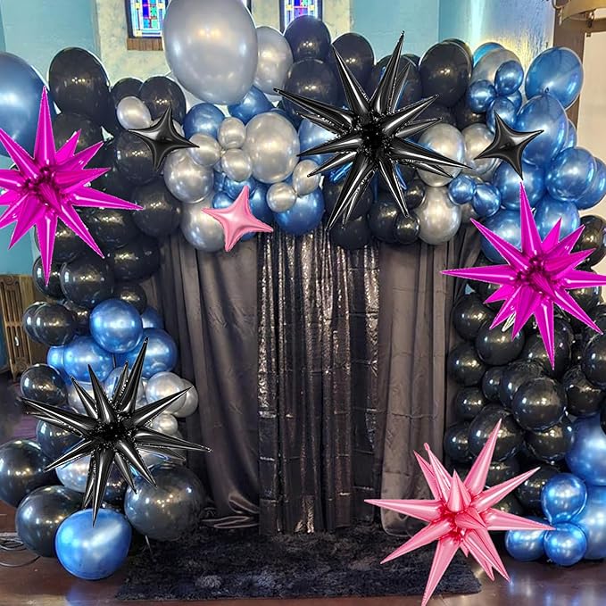 21 Pcs Star Balloons,22/18/10 Inch Star Foil Mylar Balloon,Spike Balloon and Four Pointed Balloons for Party Supplies Christmas Birthday Wedding Photo Booth (Black Pink Hot Pink)