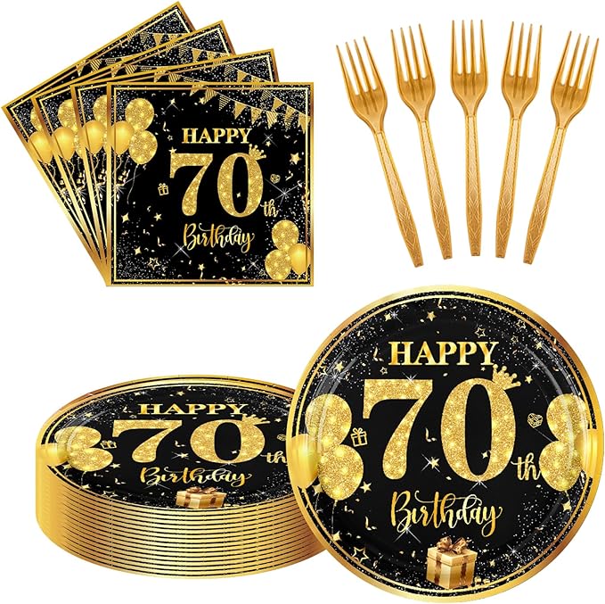 70th 7 inch Birthday Party Paper Plates and Napkins Forks 60 pcs Black Gold Birthday Decorations for Boys Girls Tableware Set for Anniversary Party Supplies,Serve 20