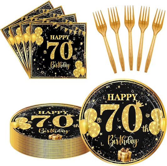 70th 7 inch Birthday Party Paper Plates and Napkins Forks 60 pcs Black Gold Birthday Decorations for Boys Girls Tableware Set for Anniversary Party Supplies,Serve 20