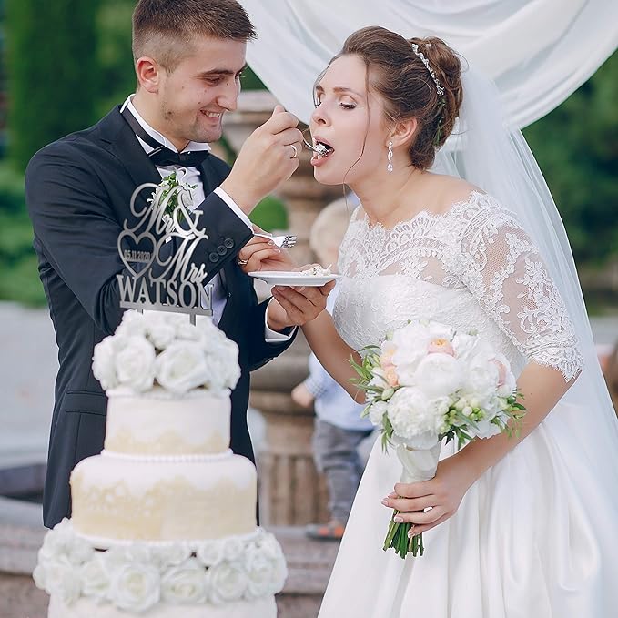 Wedding Cake Topper Personalized, Custom Mr. Mrs. Cake Topper w Last Name, Silver Mirror Acrylic Decoration for Special Event