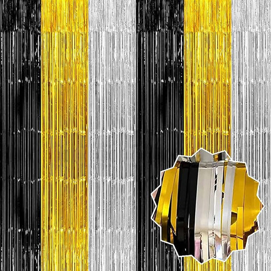 3 Pack Black Gold Silver Foil Fringe Curtains Backdrop, 3.28 x 6.6 Ft Metallic Streamers Tinsel Curtains Background for Photo Booth, Birthday, Halloween, Christmas, New Year Party Decorations