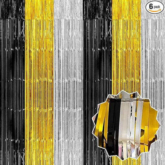 6 Pack Black Gold Silver Foil Fringe Curtains Backdrop, 3.28 x 8.2 Ft Metallic Streamers Tinsel Curtains Background for Photo Booth, Birthday, Christmas, Halloween, New Year Party Decorations