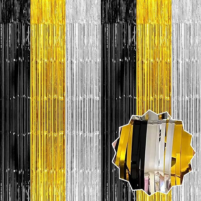3 Pack Black Gold Silver Foil Fringe Curtains Backdrop, 3.28 x 8.2 Ft Metallic Streamers Tinsel Curtains Background for Photo Booth, Birthday, Halloween, Christmas, New Year Party Decorations